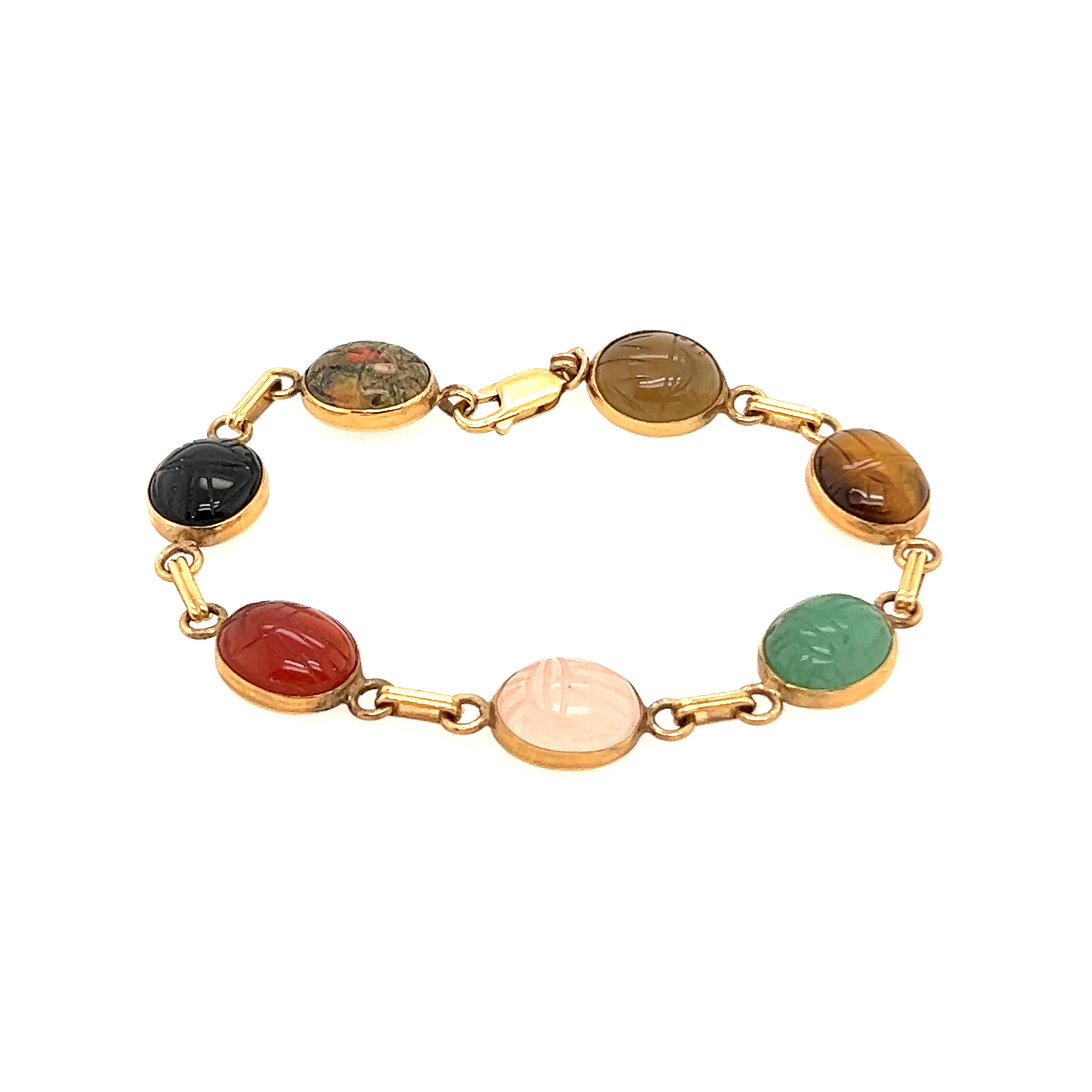 Vintage 1960's 12K Gold Filled Scarab Bracelet, 6 Carved Gemstones Scarabs  16X12mm, Safety Chain, Good Condition. 7.5 L. Free US Shipping